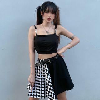 Chain-strap Cropped Camisole Top / Pattern Panel Mini A-line Skirt / Chained Belt