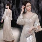 Bishop-sleeve Sequined A-line Gown