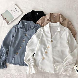 Plain V-neck Flare-sleeve Blouse