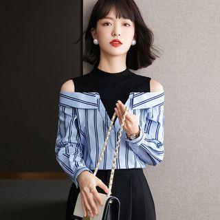 Striped Cold-shoulder Mock Two-piece Blouse