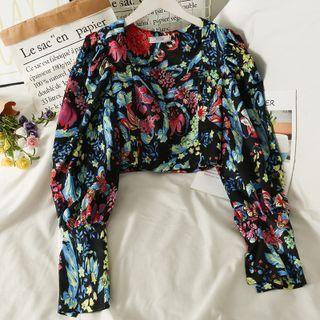 Boatneck Puff-sleeve Printed Crop Blouse