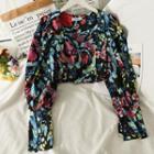 Boatneck Puff-sleeve Printed Crop Blouse