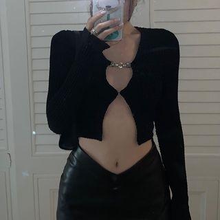 Long-sleeve Chain Detail Cropped T-shirt / Faux Leather Mini Pencil Skirt