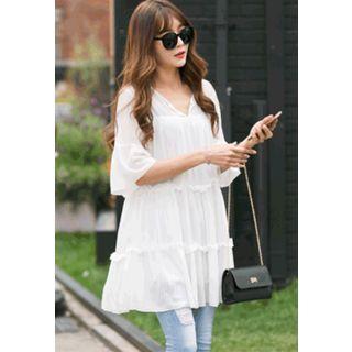Long-sleeve Open-placket Tiered A-line Dress