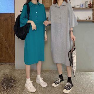 Elbow-sleeve Plain Midi A-line Polo Dress