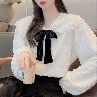 Lace Bow Accent Blouse Almond - One Size