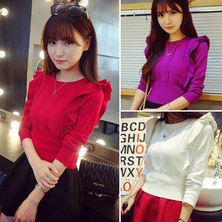 Elbow-sleeve Frill-trim Knit Blouse
