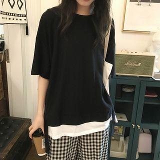 Mock Two-piece Elbow-sleeve T-shirt / Checker Harem Pants