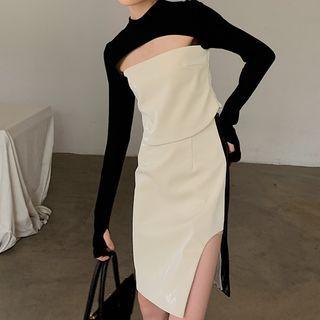 Color-block Perforated Long-sleeve Top / Asymmetric Faux Leather Skirt