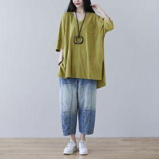 3/4 Sleeve V-neck T-shirt Yellowish Green - One Size