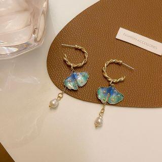 Leaf Faux Pearl Alloy Dangle Earring 1 Pair - S925 Silver Pin Stud Earrings - Blue & Green & Gold - One Size