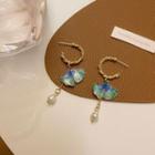 Leaf Faux Pearl Alloy Dangle Earring 1 Pair - S925 Silver Pin Stud Earrings - Blue & Green & Gold - One Size