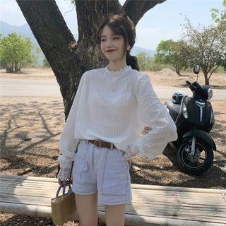 Long-sleeve Lace Trim Mock-neck Top White - One Size