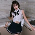 Tie-neck Sleeveless Cropped Shirt / Pleated Mini A-line Skort