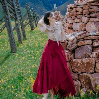 Long-sleeve Lace-up Blouse / A-line Skirt