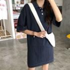 Plain Loose-fit Short-sleeve Dress Dark Blue - One Size