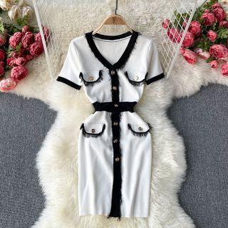 V-neck Mock Pocket Color Block Knit Dress