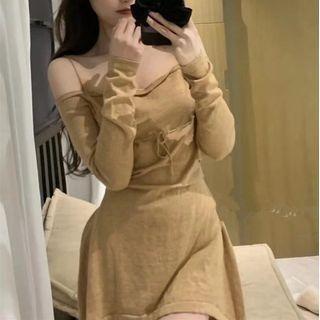 Spaghetti Strap Off-shoulder Asymmetrical Dress Almond - One Size