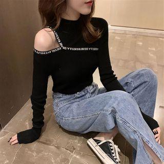 Long-sleeve Cold Shoulder Lettering Print Knit Top