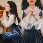 Set: Long-sleeve Lace Shirt + Velvet Sleeveless Maxi Dress