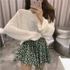Perforated Mock-neck Sweater / Floral Print Mini A-line Skirt