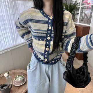Long-sleeve Printed Knit Cardigan Blue - One Size