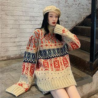 Color-block Turtle-neck Long-sleeve Sweater Almond - One Size
