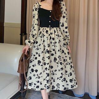 Long-sleeve Floral Printed Panel Midi Dress