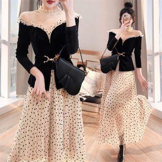 Set: Heart Mesh Panel Frill Trim Blouse + Midi A-line Skirt + Belt