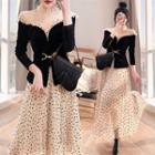 Set: Heart Mesh Panel Frill Trim Blouse + Midi A-line Skirt + Belt