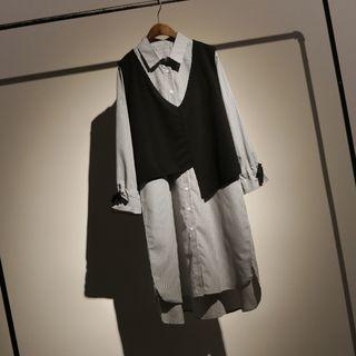 Set: Striped Shirtdress + Asymmetrical Vest