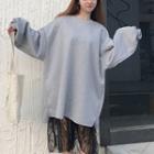 Plain Crewneck Long-sleeve Midi Pullover / Lace Dress