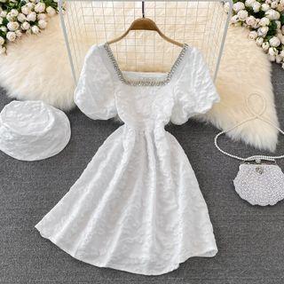 Set: Puff-sleeve Rhinestone Trim Floral A-line Dress + Bucket Hat