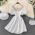 Set: Puff-sleeve Rhinestone Trim Floral A-line Dress + Bucket Hat