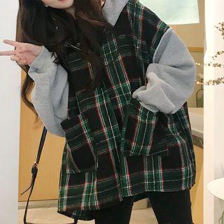 Plaid Hooded Buttoned Jacket Plaid - Green - One Size