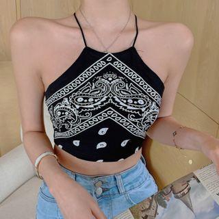 Halter Print Crop Top Black - One Size