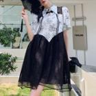 Short-sleeve Lace Overlay Mini Qipao Dress