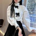 Long-sleeve Stand-collar Bow Accent Blouse