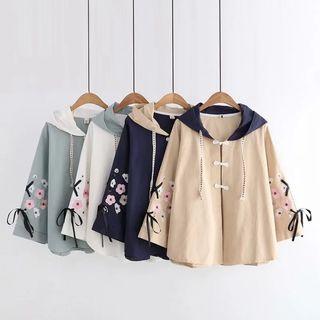 Flower Embroidered Hooded Flared-sleeve Button Jacket