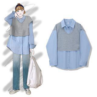 Mock Two-piece Shirt Light Blue - One Size