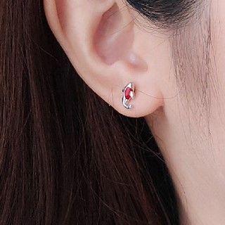 Carp Fish Sterling Silver Earring Stud Earring - 1 Pair - Silver & Red - One Size