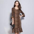 Leopard Elbow-sleeve Midi Sheath Dress