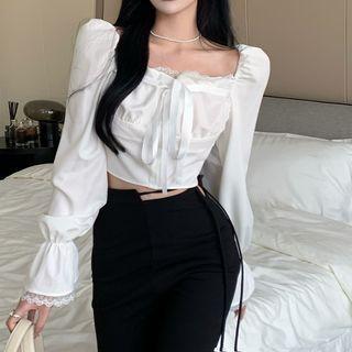 Off Shoulder Lace Trim Blouse White - One Size