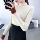 Long Sleeve Mock Neck Two Tone Knit Top