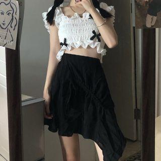 Ruffled Sleeveless Cropped Crinkle Top / Asymmetric Mini A-line Skirt