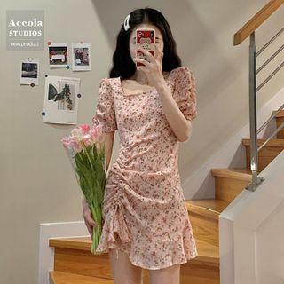 Puff-sleeve Floral Drawstring Mini A-line Dress