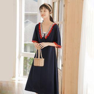 Elbow-sleeve V-neck Midi Dress Navy Blue - One Size