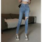 High-waist Cutout Skinny Jeans Blue - One Size