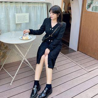 Long-sleeve V-neck Midi A-line Tweed Dress