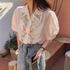 Puff Short-sleeve Floral Embroidered Shirt